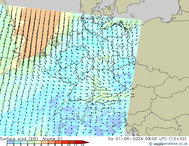 �N 10 米 (bft) Arome 01 星期六 01.06.2024 08 UTC