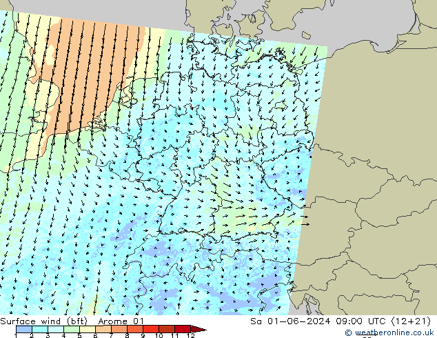 Bodenwind (bft) Arome 01 Sa 01.06.2024 09 UTC