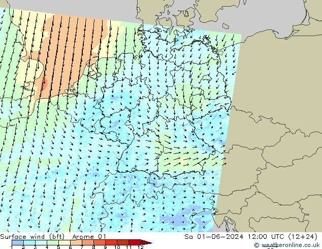 wiatr 10 m (bft) Arome 01 so. 01.06.2024 12 UTC