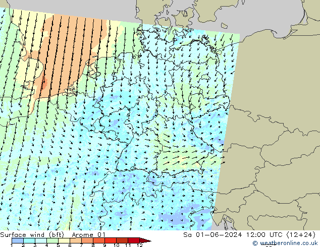 Vent 10 m (bft) Arome 01 sam 01.06.2024 12 UTC