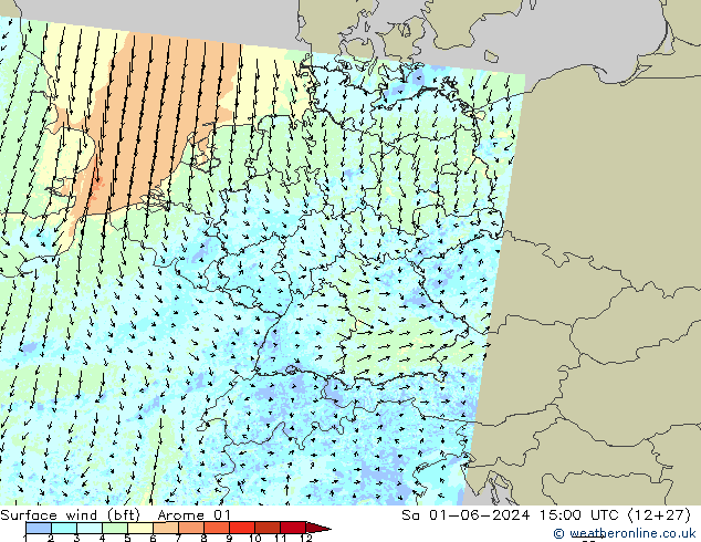 Vento 10 m (bft) Arome 01 sab 01.06.2024 15 UTC