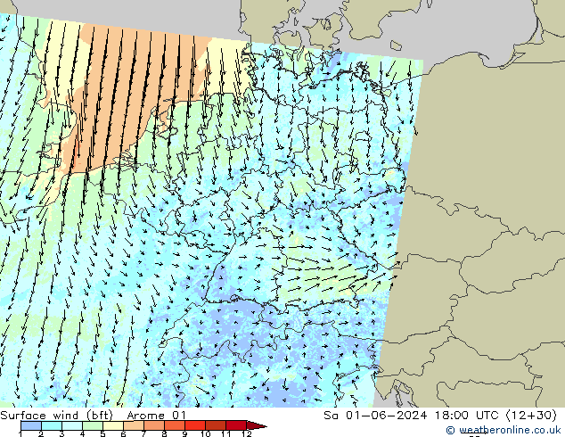 Wind 10 m (bft) Arome 01 za 01.06.2024 18 UTC