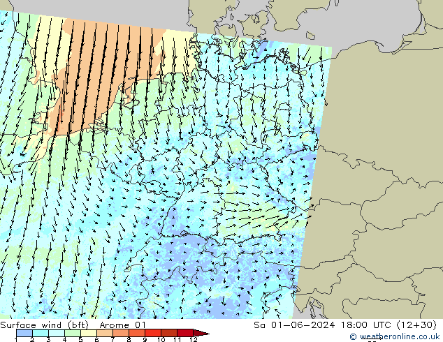 �N 10 米 (bft) Arome 01 星期六 01.06.2024 18 UTC