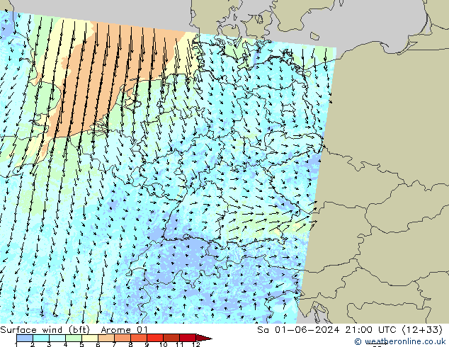 Wind 10 m (bft) Arome 01 za 01.06.2024 21 UTC