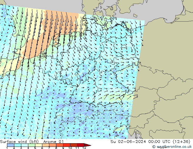 Vento 10 m (bft) Arome 01 dom 02.06.2024 00 UTC