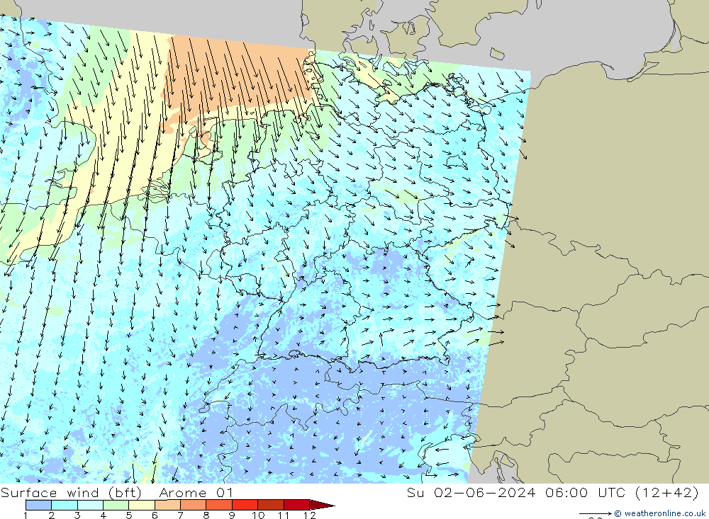 Bodenwind (bft) Arome 01 So 02.06.2024 06 UTC