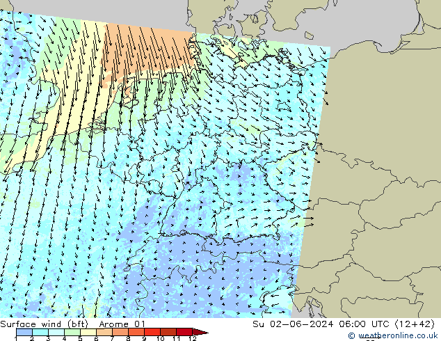 Bodenwind (bft) Arome 01 So 02.06.2024 06 UTC