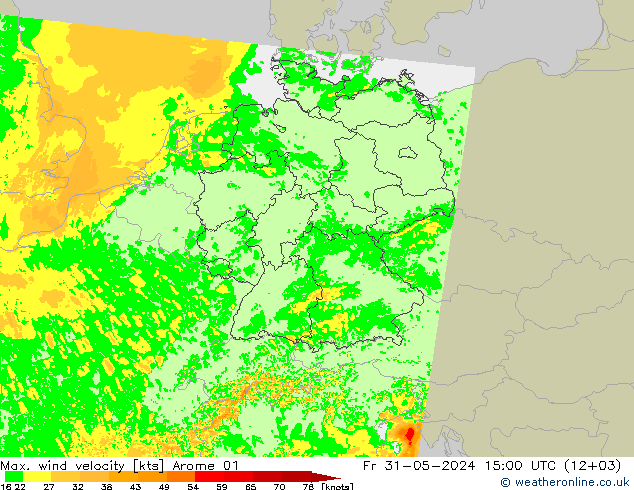 Max. wind snelheid Arome 01 vr 31.05.2024 15 UTC