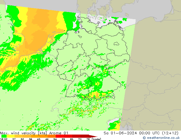 Max. wind velocity Arome 01 Sa 01.06.2024 00 UTC