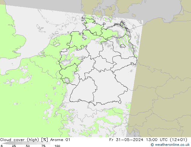 Cloud cover (high) Arome 01 Fr 31.05.2024 13 UTC