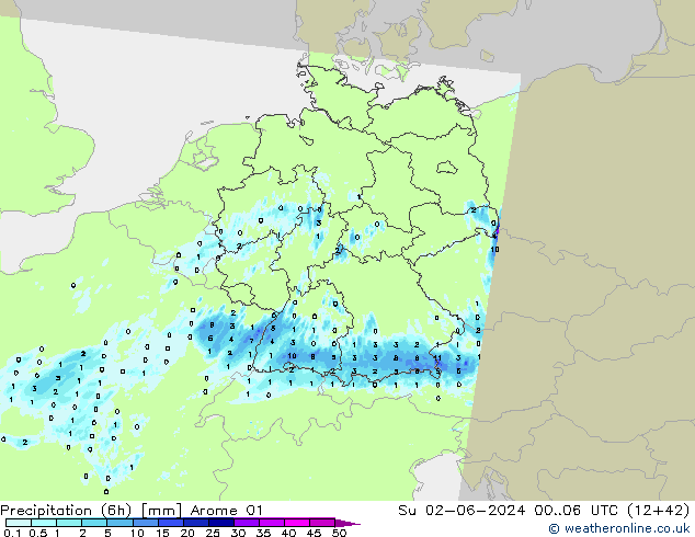 Totale neerslag (6h) Arome 01 zo 02.06.2024 06 UTC