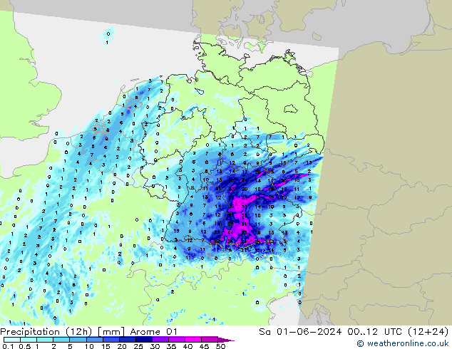 Totale neerslag (12h) Arome 01 za 01.06.2024 12 UTC