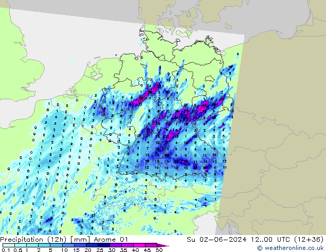 Precipitazione (12h) Arome 01 dom 02.06.2024 00 UTC