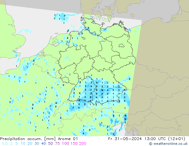 Totale neerslag Arome 01 vr 31.05.2024 13 UTC