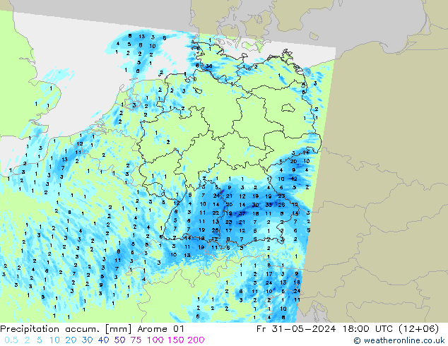 Precipitation accum. Arome 01 Fr 31.05.2024 18 UTC