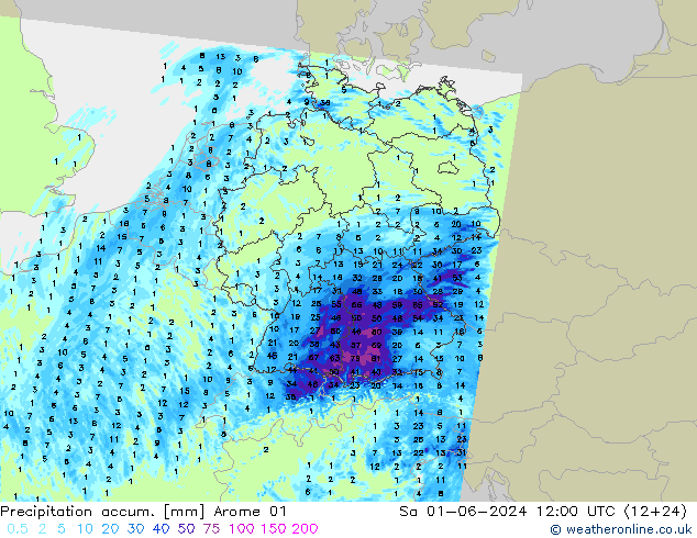 Totale neerslag Arome 01 za 01.06.2024 12 UTC