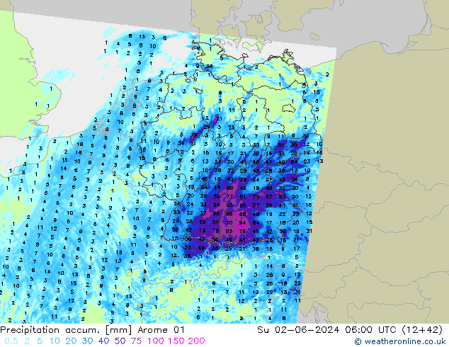 Precipitation accum. Arome 01  02.06.2024 06 UTC