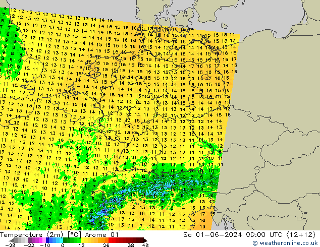 température (2m) Arome 01 sam 01.06.2024 00 UTC