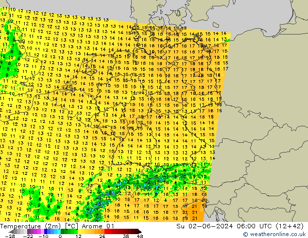 Temperatuurkaart (2m) Arome 01 zo 02.06.2024 06 UTC