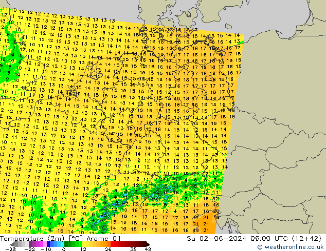 Temperatura (2m) Arome 01 dom 02.06.2024 06 UTC