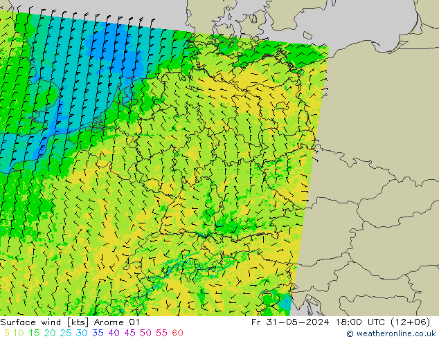 Rüzgar 10 m Arome 01 Cu 31.05.2024 18 UTC