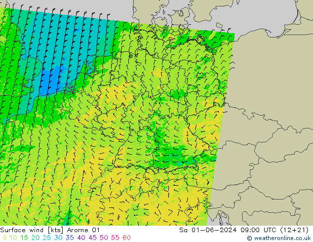 Wind 10 m Arome 01 za 01.06.2024 09 UTC