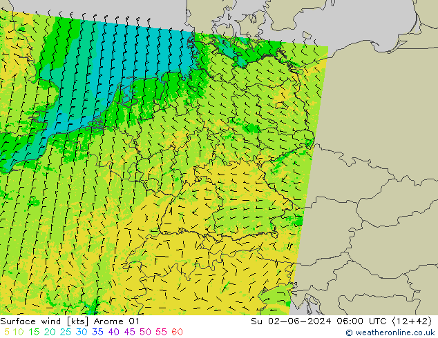 wiatr 10 m Arome 01 nie. 02.06.2024 06 UTC
