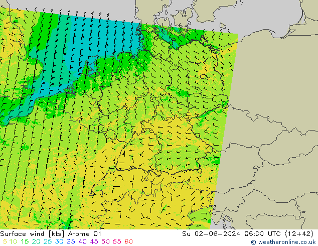 Viento 10 m Arome 01 dom 02.06.2024 06 UTC