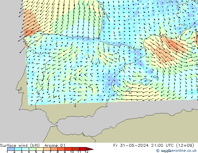 Surface wind (bft) Arome 01 Pá 31.05.2024 21 UTC