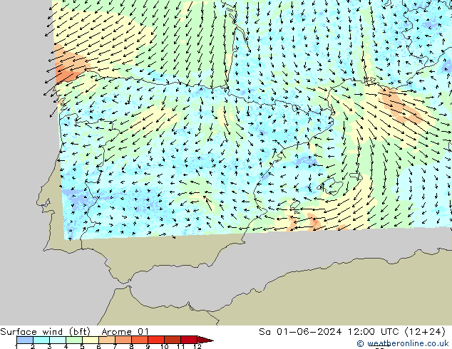 wiatr 10 m (bft) Arome 01 so. 01.06.2024 12 UTC