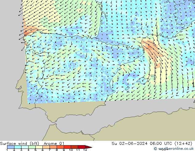Wind 10 m (bft) Arome 01 zo 02.06.2024 06 UTC