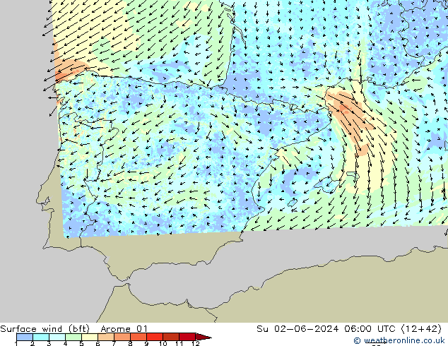 ве�Bе�@ 10 m (bft) Arome 01 Вс 02.06.2024 06 UTC