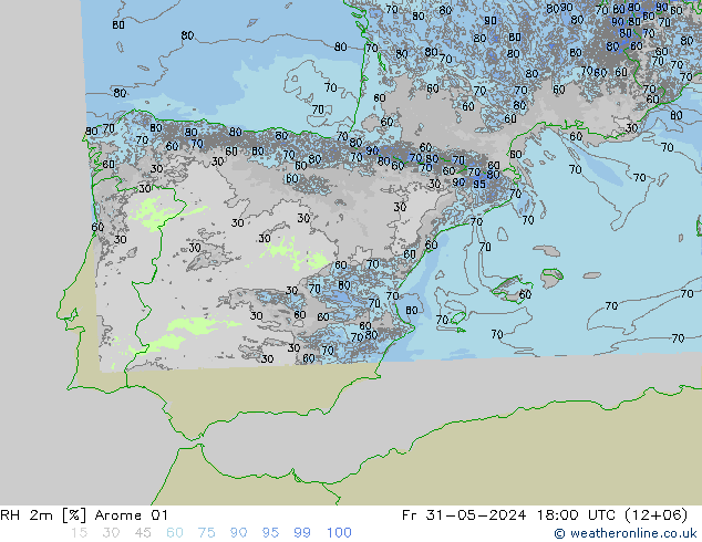 RH 2m Arome 01 Fr 31.05.2024 18 UTC