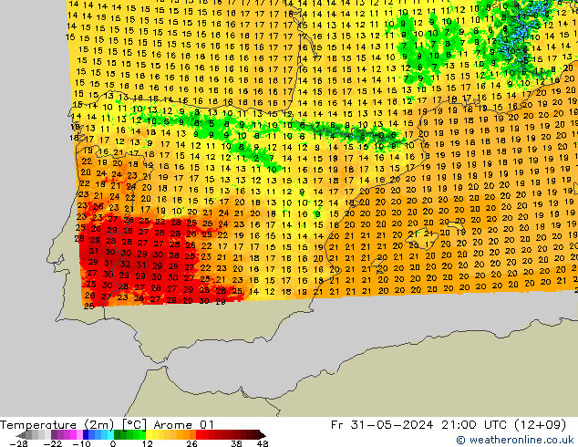 Sıcaklık Haritası (2m) Arome 01 Cu 31.05.2024 21 UTC