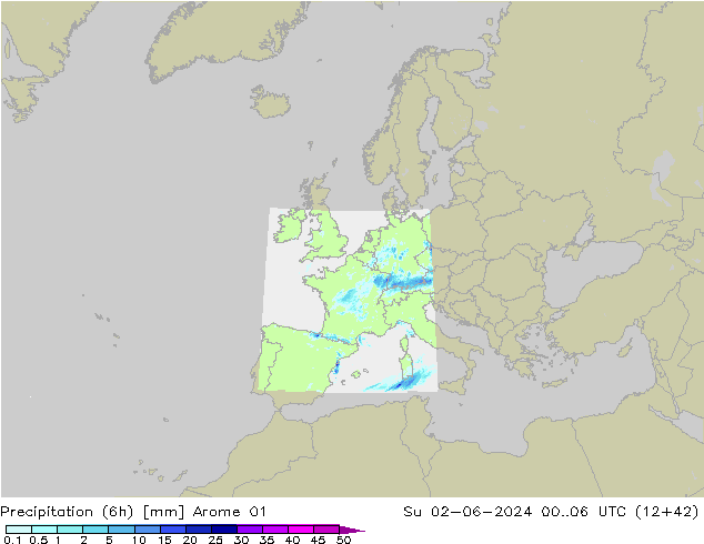 Precipitation (6h) Arome 01 Su 02.06.2024 06 UTC