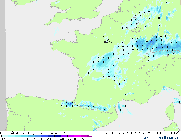 Precipitation (6h) Arome 01 Su 02.06.2024 06 UTC