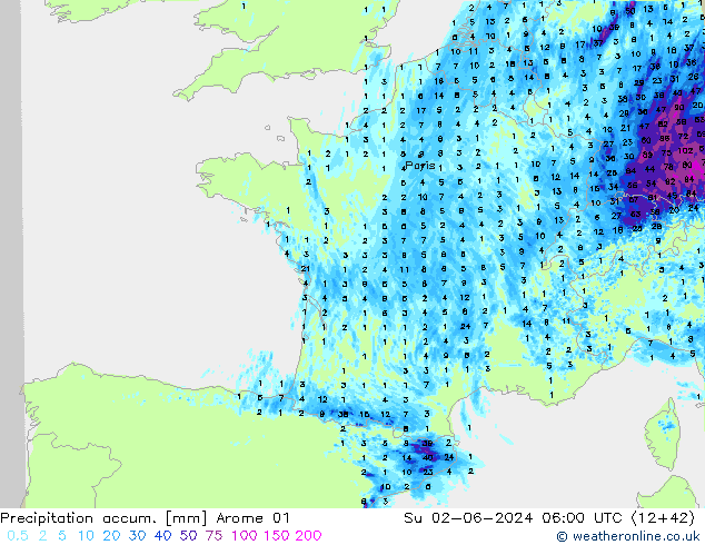 Precipitation accum. Arome 01  02.06.2024 06 UTC