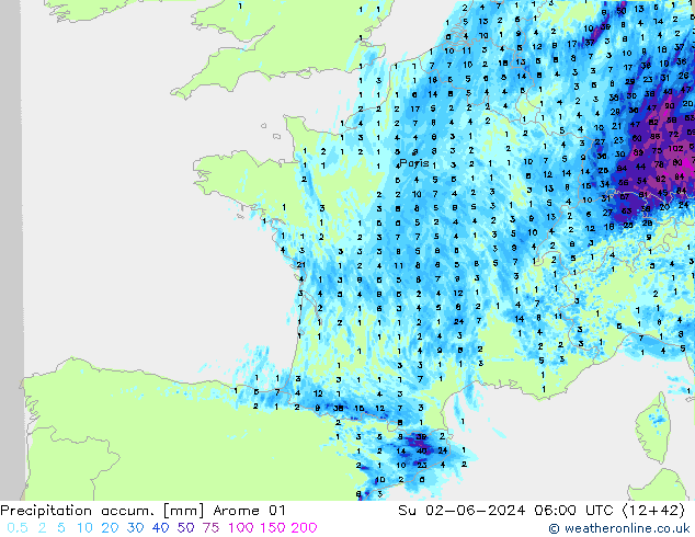 Nied. akkumuliert Arome 01 So 02.06.2024 06 UTC