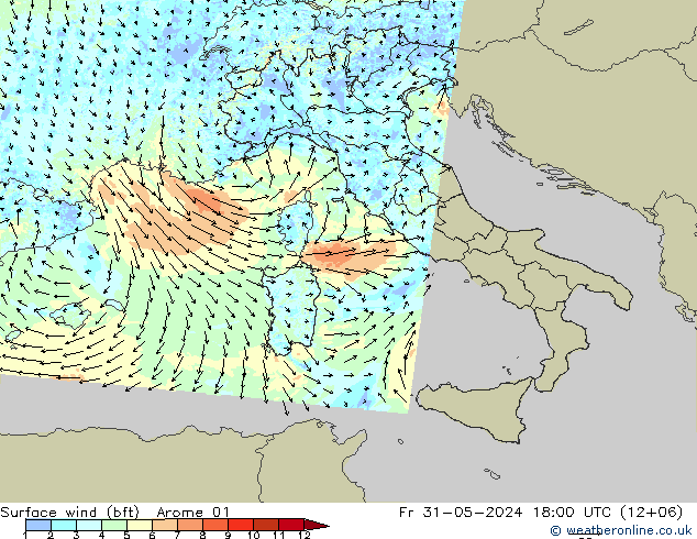 Vent 10 m (bft) Arome 01 ven 31.05.2024 18 UTC