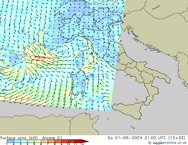 wiatr 10 m (bft) Arome 01 so. 01.06.2024 21 UTC