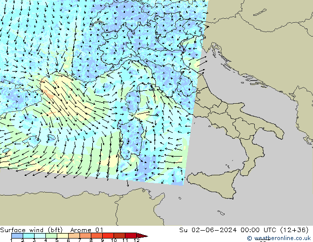 Surface wind (bft) Arome 01 Su 02.06.2024 00 UTC