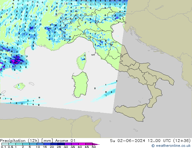 Yağış (12h) Arome 01 Paz 02.06.2024 00 UTC