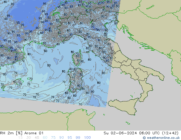 RH 2m Arome 01 Su 02.06.2024 06 UTC