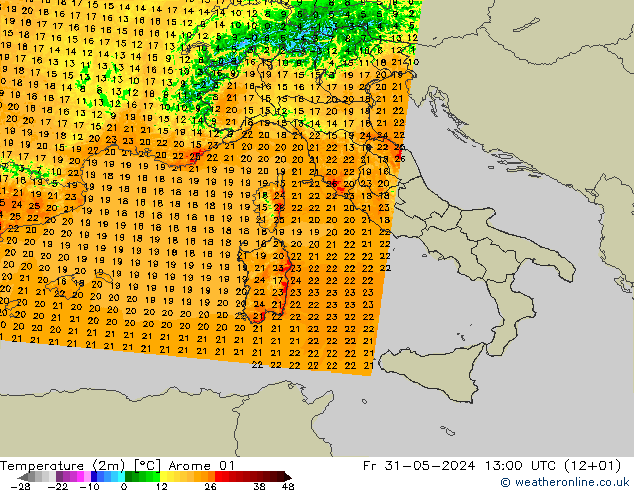 Temperatura (2m) Arome 01 Sex 31.05.2024 13 UTC