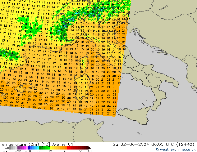 Temperatura (2m) Arome 01 Dom 02.06.2024 06 UTC