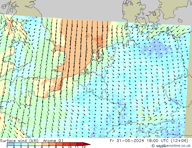 Wind 10 m (bft) Arome 01 vr 31.05.2024 18 UTC