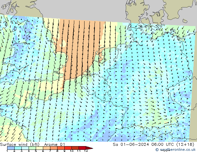 Rüzgar 10 m (bft) Arome 01 Cts 01.06.2024 06 UTC