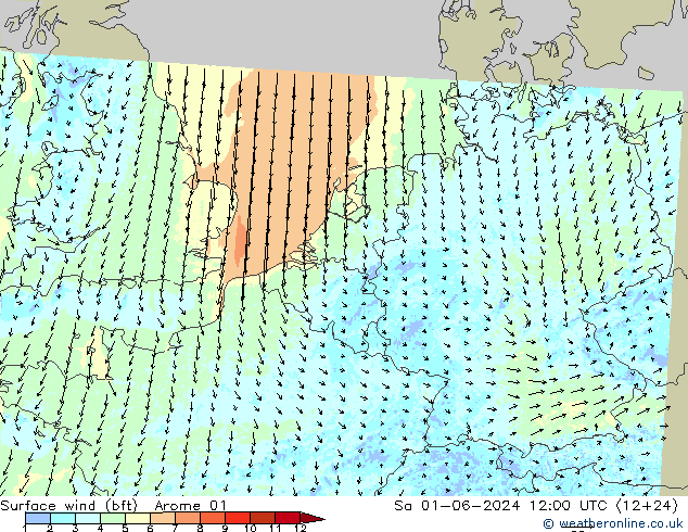 Surface wind (bft) Arome 01 Sa 01.06.2024 12 UTC