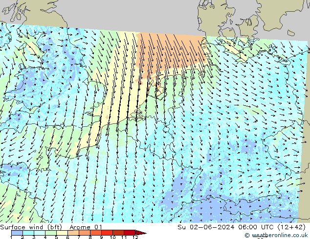 Surface wind (bft) Arome 01 Su 02.06.2024 06 UTC