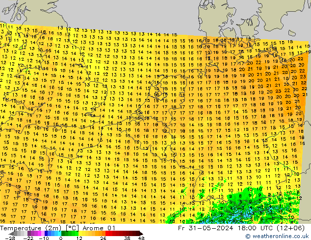 Temperatura (2m) Arome 01 ven 31.05.2024 18 UTC